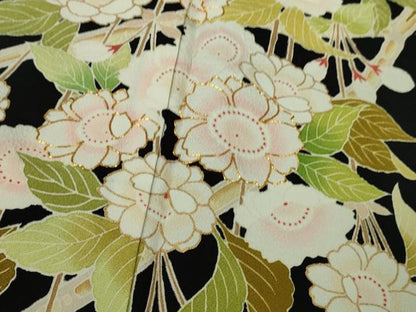 平和屋本店●極上　訪問着　駒刺繍　枝垂れ桜　黒地　金彩　ロング丈　逸品　DZAB9494kh6