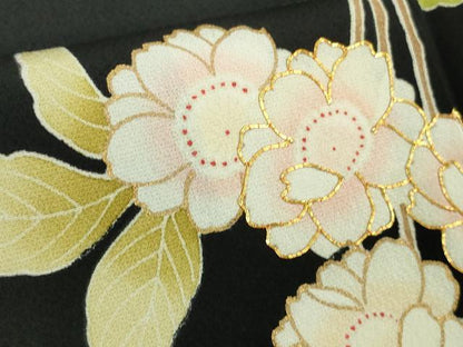 平和屋本店●極上　訪問着　駒刺繍　枝垂れ桜　黒地　金彩　ロング丈　逸品　DZAB9494kh6