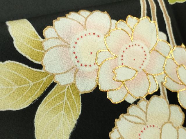 平和屋本店●極上　訪問着　駒刺繍　枝垂れ桜　黒地　金彩　ロング丈　逸品　DZAB9494kh6