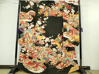 平和屋本店●極上　アンティーク　大正ロマン　振袖　駒刺繍　飛鶴宝尽くし松梅文　黒地　金彩　逸品　DZAB9497kh6