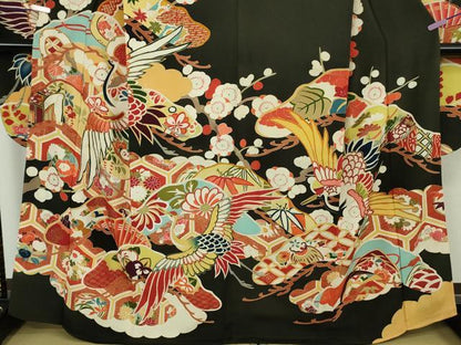 平和屋本店●極上　アンティーク　大正ロマン　振袖　駒刺繍　飛鶴宝尽くし松梅文　黒地　金彩　逸品　DZAB9497kh6
