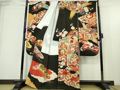 平和屋本店●極上　アンティーク　大正ロマン　振袖　駒刺繍　飛鶴宝尽くし松梅文　黒地　金彩　逸品　DZAB9497kh6