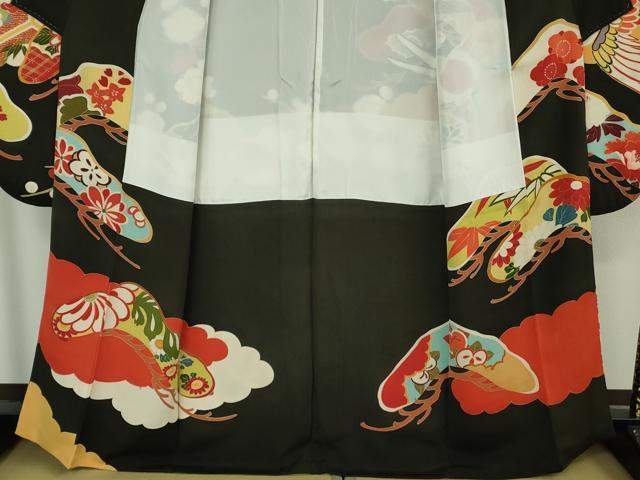 平和屋本店●極上　アンティーク　大正ロマン　振袖　駒刺繍　飛鶴宝尽くし松梅文　黒地　金彩　逸品　DZAB9497kh6