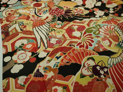 平和屋本店●極上　アンティーク　大正ロマン　振袖　駒刺繍　飛鶴宝尽くし松梅文　黒地　金彩　逸品　DZAB9497kh6