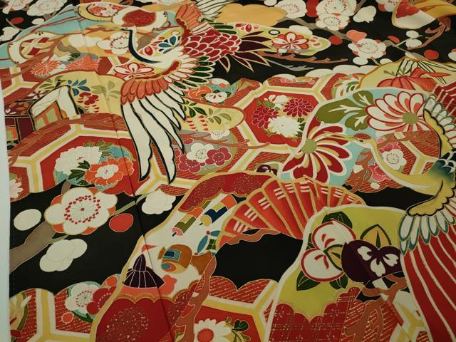 平和屋本店●極上　アンティーク　大正ロマン　振袖　駒刺繍　飛鶴宝尽くし松梅文　黒地　金彩　逸品　DZAB9497kh6