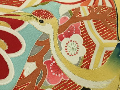 平和屋本店●極上　アンティーク　大正ロマン　振袖　駒刺繍　飛鶴宝尽くし松梅文　黒地　金彩　逸品　DZAB9497kh6