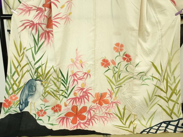 平和屋本店＊極上 夏物 アンティーク  大正ロマン お引き摺り・引き振袖 和装 舞妓 芸妓 芸者 衣装 手描き 絽 鷺 銀彩 逸品 DZAB9498kh6