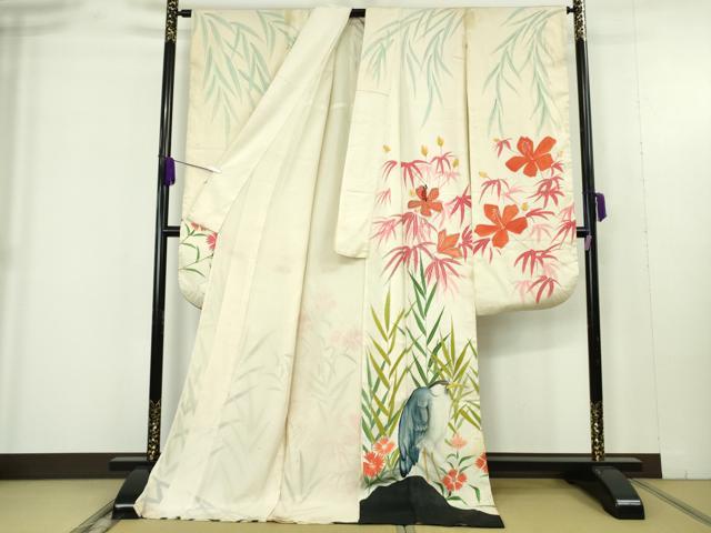 平和屋本店＊極上 夏物 アンティーク  大正ロマン お引き摺り・引き振袖 和装 舞妓 芸妓 芸者 衣装 手描き 絽 鷺 銀彩 逸品 DZAB9498kh6