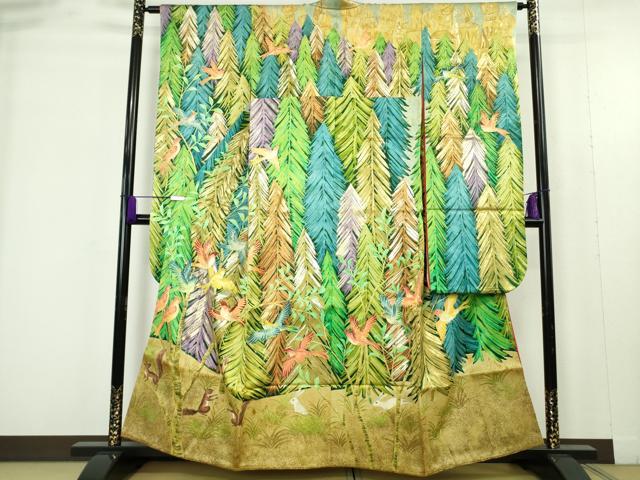 平和屋本店●極上　セミアンティーク　振袖　刺繍　手描き　森の動物　小鳥　リス　兎　金彩　逸品　DZAB9500kh6