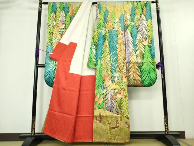 平和屋本店●極上　セミアンティーク　振袖　刺繍　手描き　森の動物　小鳥　リス　兎　金彩　逸品　DZAB9500kh6