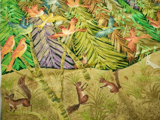 平和屋本店●極上　セミアンティーク　振袖　刺繍　手描き　森の動物　小鳥　リス　兎　金彩　逸品　DZAB9500kh6