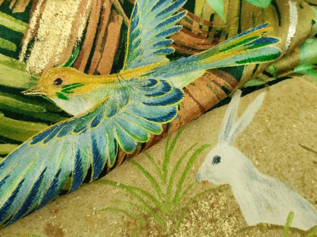 平和屋本店●極上　セミアンティーク　振袖　刺繍　手描き　森の動物　小鳥　リス　兎　金彩　逸品　DZAB9500kh6