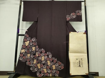 平和屋本店●極上　銀座　志ま亀　訪問着　絞り　花丸文　紫黒色地　たとう紙付き　逸品　DZAB9504kh6
