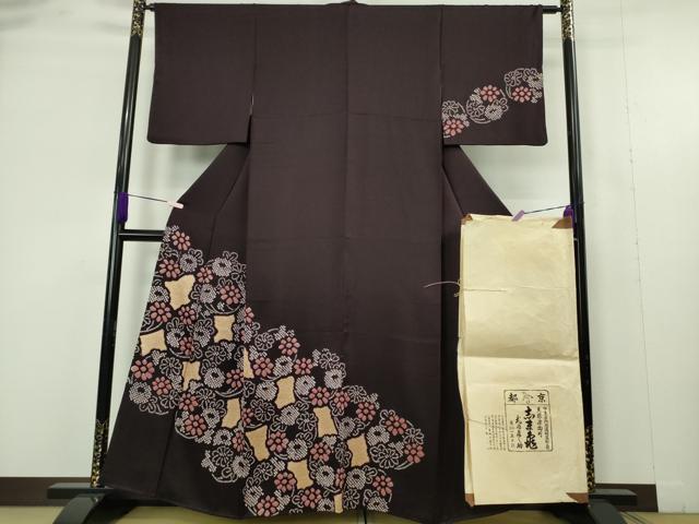 平和屋本店●極上　銀座　志ま亀　訪問着　絞り　花丸文　紫黒色地　たとう紙付き　逸品　DZAB9504kh6