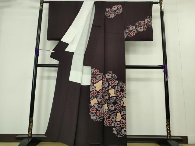 平和屋本店●極上　銀座　志ま亀　訪問着　絞り　花丸文　紫黒色地　たとう紙付き　逸品　DZAB9504kh6