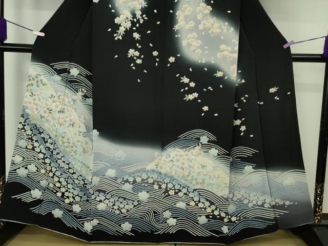 平和屋本店●極上　訪問着　銀駒刺繍　立波舞桜　暈し染め　黒地　金彩　逸品　DZAB9510kh6