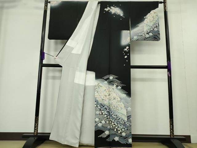 平和屋本店●極上　訪問着　銀駒刺繍　立波舞桜　暈し染め　黒地　金彩　逸品　DZAB9510kh6