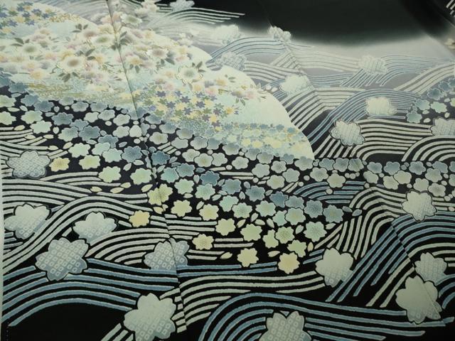 平和屋本店●極上　訪問着　銀駒刺繍　立波舞桜　暈し染め　黒地　金彩　逸品　DZAB9510kh6