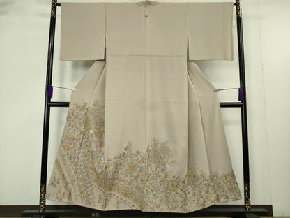 平和屋着物●極上　色留袖　刺繍　更紗花文　茶鼠色地　金糸　逸品　DZAB9513kh6