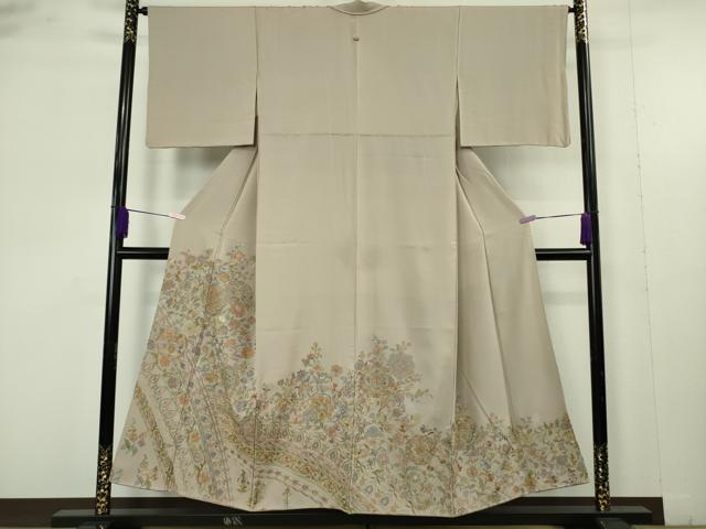 平和屋着物●極上　色留袖　刺繍　更紗花文　茶鼠色地　金糸　逸品　DZAB9513kh6