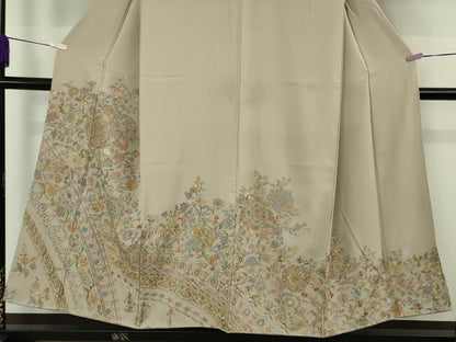 平和屋着物●極上　色留袖　刺繍　更紗花文　茶鼠色地　金糸　逸品　DZAB9513kh6