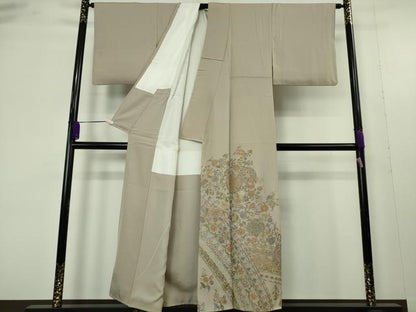 平和屋着物●極上　色留袖　刺繍　更紗花文　茶鼠色地　金糸　逸品　DZAB9513kh6