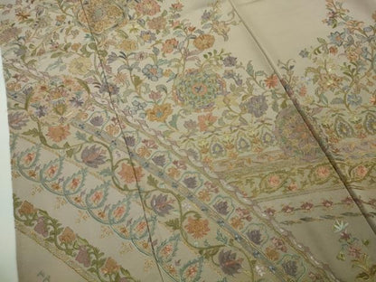 平和屋着物●極上　色留袖　刺繍　更紗花文　茶鼠色地　金糸　逸品　DZAB9513kh6