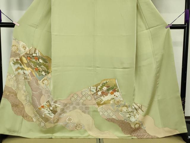 平和屋本店●極上　創業460年・千總　色留袖　駒刺繍　道長冊子花文　若葉色地　金彩　大丸扱い　逸品　DZAB9516kh6