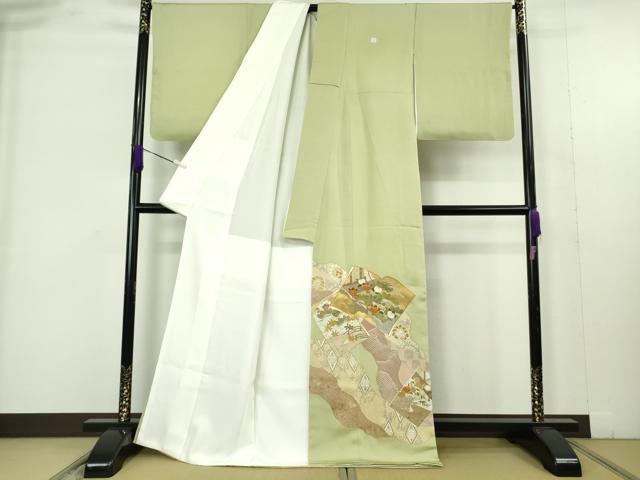 平和屋本店●極上　創業460年・千總　色留袖　駒刺繍　道長冊子花文　若葉色地　金彩　大丸扱い　逸品　DZAB9516kh6