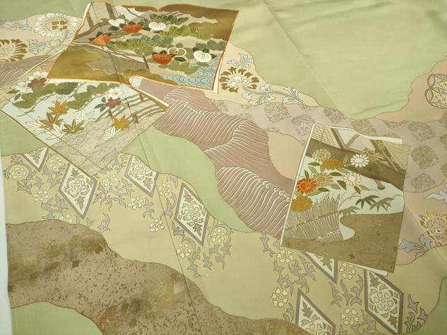 平和屋本店●極上　創業460年・千總　色留袖　駒刺繍　道長冊子花文　若葉色地　金彩　大丸扱い　逸品　DZAB9516kh6