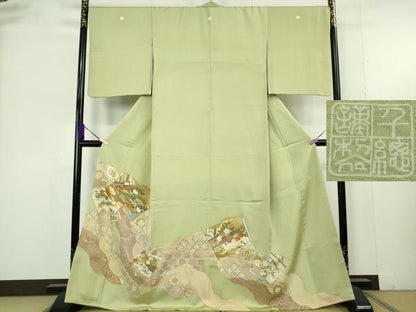平和屋本店●極上　創業460年・千總　色留袖　駒刺繍　道長冊子花文　若葉色地　金彩　大丸扱い　逸品　DZAB9516kh6