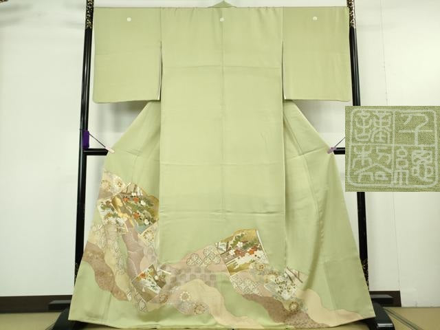 平和屋本店●極上　創業460年・千總　色留袖　駒刺繍　道長冊子花文　若葉色地　金彩　大丸扱い　逸品　DZAB9516kh6