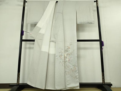 平和屋着物●極上　中国三大刺繍　相良刺繍　蘇州刺繍　総手刺繍　色留袖　花鳥文　絹鼠色地　逸品　DZAB9521kh6