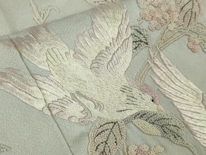 平和屋着物●極上　中国三大刺繍　相良刺繍　蘇州刺繍　総手刺繍　色留袖　花鳥文　絹鼠色地　逸品　DZAB9521kh6