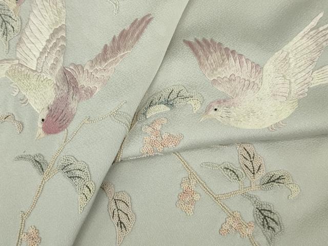平和屋着物●極上　中国三大刺繍　相良刺繍　蘇州刺繍　総手刺繍　色留袖　花鳥文　絹鼠色地　逸品　DZAB9521kh6
