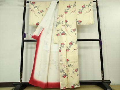 平和屋着物●極上　小紋　枝椿　薄い淡黄色地　逸品　未使用　DZAB9525kh6