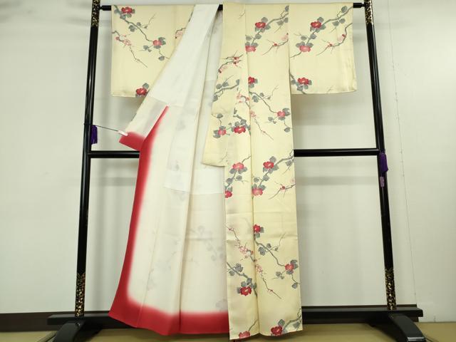 平和屋着物●極上　小紋　枝椿　薄い淡黄色地　逸品　未使用　DZAB9525kh6