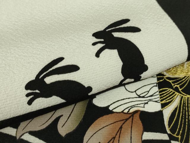 平和屋着物●極上　振袖　駒刺繍　兎　うさぎ　牡丹　黒地　金彩　逸品　DZAB9532kh6