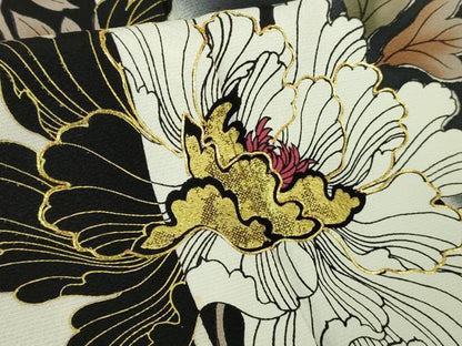 平和屋着物●極上　振袖　駒刺繍　兎　うさぎ　牡丹　黒地　金彩　逸品　DZAB9532kh6