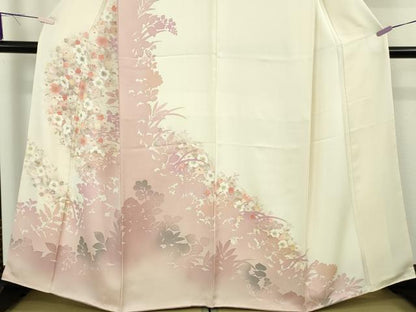 平和屋着物●極上　訪問着　草花文　鳥の子色地　暈し染め　金銀彩　逸品　未使用　DZAB9537kh6