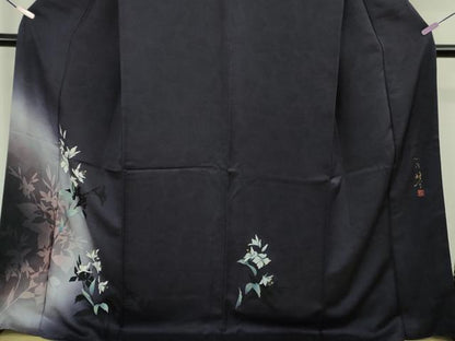 平和屋着物●極上　京の匠日展作家　丹下雄介　訪問着　草花文　濃い紺地　暈し染め　銀糸　やまと誂製　ロング丈　逸品　DZAB9541kh6