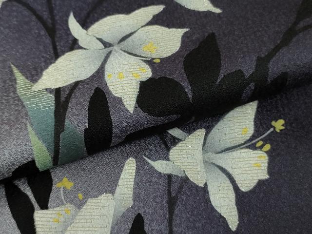 平和屋着物●極上　京の匠日展作家　丹下雄介　訪問着　草花文　濃い紺地　暈し染め　銀糸　やまと誂製　ロング丈　逸品　DZAB9541kh6