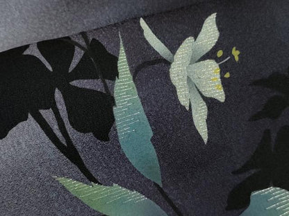 平和屋着物●極上　京の匠日展作家　丹下雄介　訪問着　草花文　濃い紺地　暈し染め　銀糸　やまと誂製　ロング丈　逸品　DZAB9541kh6