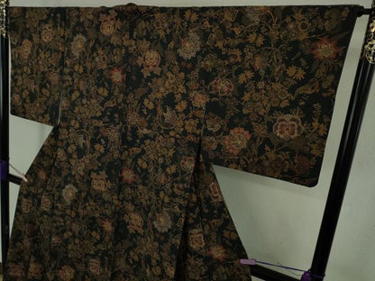 平和屋着物●極上　小紋　刺繍　更紗花文　褐返色地　金糸　逸品　未使用　DZAB9545kh6