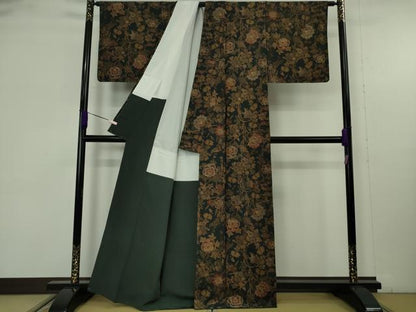 平和屋着物●極上　小紋　刺繍　更紗花文　褐返色地　金糸　逸品　未使用　DZAB9545kh6