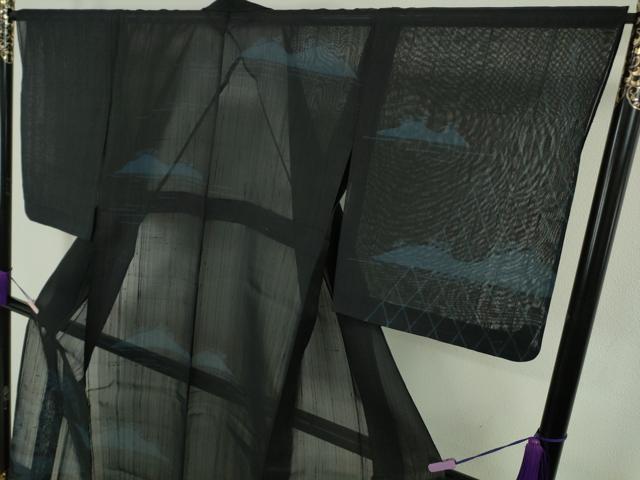 平和屋着物＊極上　夏物　訪問着　紗紬　舟　松　水辺風景　濃い紺地　逸品　DZAB9549kh6