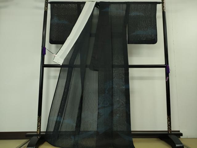 平和屋着物＊極上　夏物　訪問着　紗紬　舟　松　水辺風景　濃い紺地　逸品　DZAB9549kh6