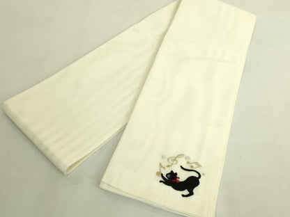 平和屋着物＊極上　夏物　半幅帯　刺繍　ワンポイント　黒猫　音符　金銀糸　DZAB9551kh6