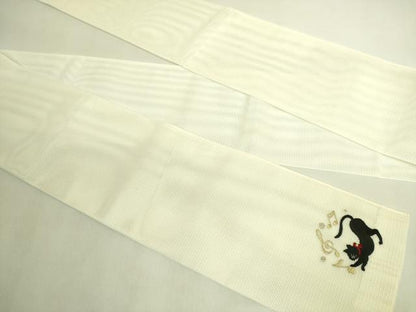 平和屋着物＊極上　夏物　半幅帯　刺繍　ワンポイント　黒猫　音符　金銀糸　DZAB9551kh6