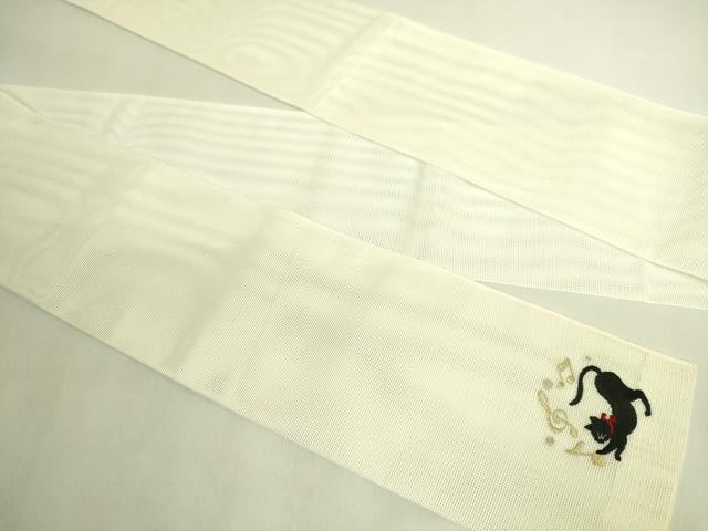 平和屋着物＊極上　夏物　半幅帯　刺繍　ワンポイント　黒猫　音符　金銀糸　DZAB9551kh6